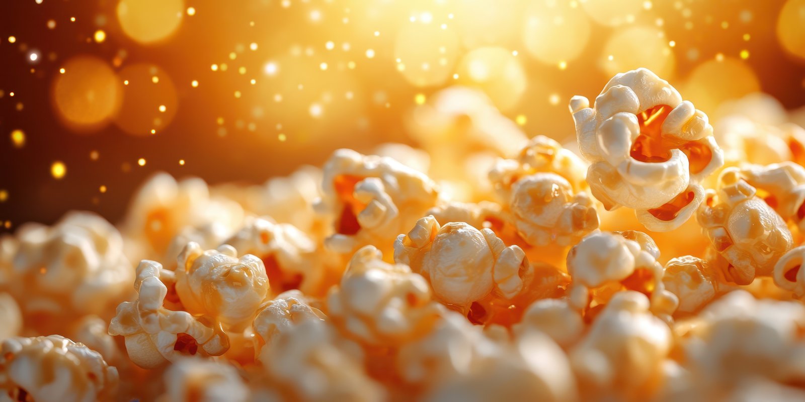 Popcorn scattered on a golden background with sparkles creating a festive atmosphere in a cozy setting